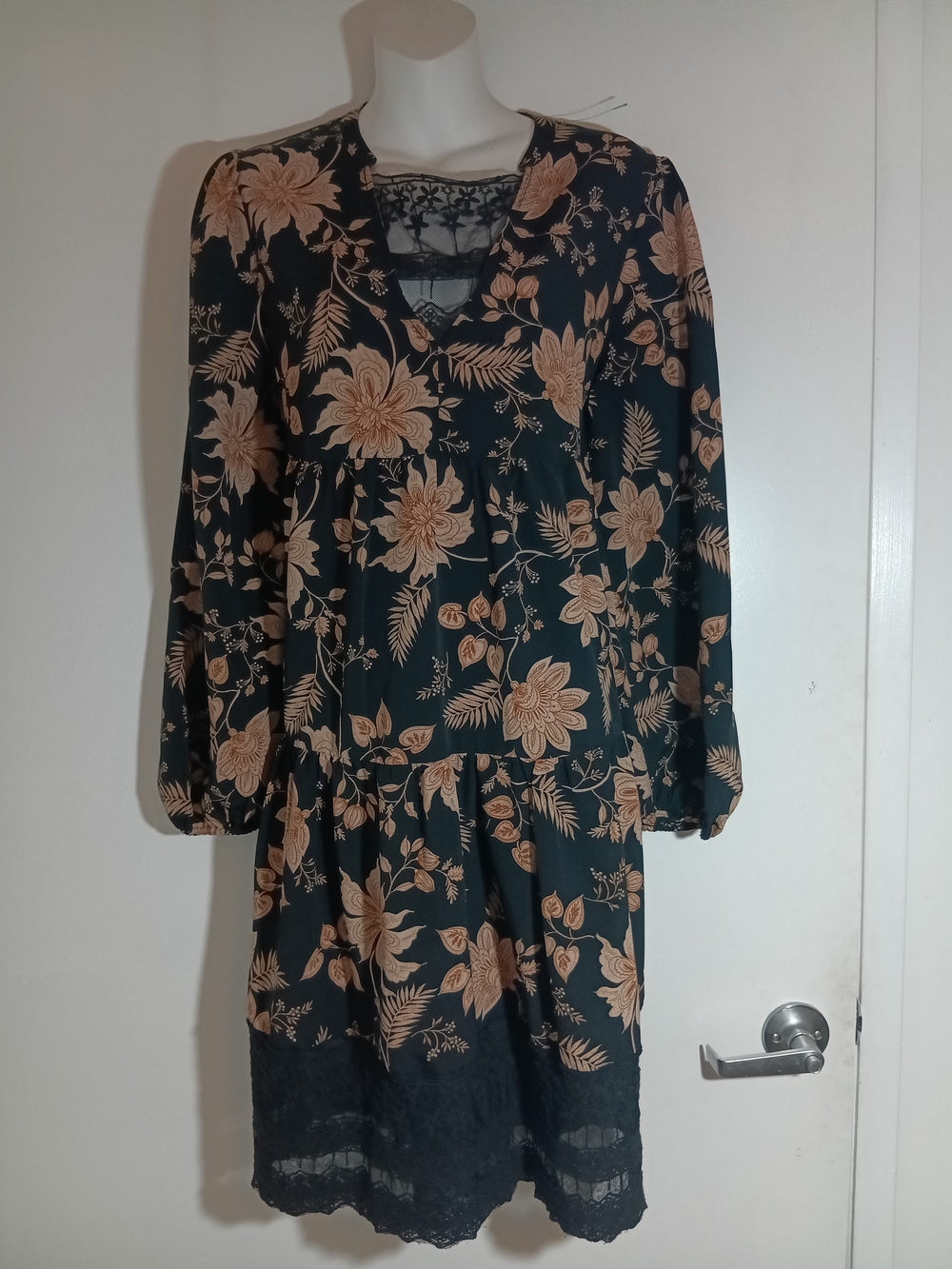 Sanctuary Black Dress with Tan Floral Print and Lace Trim
